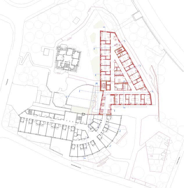 **Abendfrieden Wohnen & Pflege, Kreuzlingen, Thurgau** Grundriss Regelgeschoss mit freigestellter Villa, Bestandsbau aus den 1980er Jahren und dem Ersatzneubau.