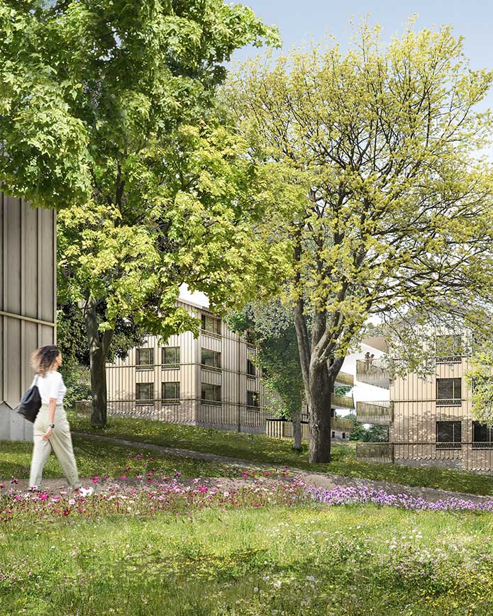 **Wohnbau Oberdorf Lothalden, Altnau TG** Stoffel Schneider Architekten AG, Weinfelden, Zürich Mit langen, schmalen Baukörpern wird das dörfliche Bebauungsmuster aufgegriffen. Als freiräumlicher Schwerpunkt formiert sich die bestehende Baumgruppe mit imposanten Laubbäumen in deren Mitte. Die Baukörper sind in zwei Gruppen um den alten Baumbestand angeordnet und bilden einen Freiraum, der die Mitte einnimmt. Die Baugruppen verzahnen sich im Osten mit dem Einfamilienhausquartiert und an der Lothalde mit der Freihaltezone. Die vorgezogenen, langen Gebäude fassen den mittigen Freiraum im Norden und Süden ohne die neue Bebauung gegenüber der Nachbarschaft abzuschliessen. Die starke Hanglage bewirkt, dass sich die Gebäude gegenüber der Kirche unterordnen und der Blick auf die Kirche freigespielt wird. Parallel zum Hang und durch den mittigen Freiraum sind grosszügige Durchblicke quer durch die Bebauung gewährleistet. Die Topografie wird in ihrer heutigen Form belassen. Die Gebäude mit Zugängen und Loggien sind so gestaltet und ins Terrain eingesetzt, dass nur minimale Terrainanpassungen notwendig sind.