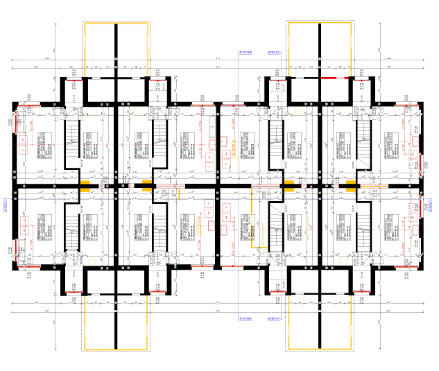 Meilihaus, Feldbreite Emmenbrücke Luzern.  Stoffel Schneider Architekten AG.  Grundriss Untergeschoss mit der neuen Waschmaschine und Tumbler für jede Wohneinheit. Die nachträglichen Unterbauten der Flugdächer wurden im Zuge der Sanierung wieder entfernt und zu gedeckten Aussensitzplätzen umgestaltet.