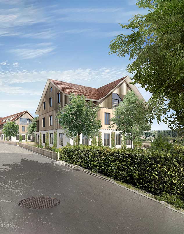 Wohnbau Hamisfeld, Hefenhofen TG Stoffel Schneider Architekten AG Die beiden Baukörper positionieren sich lose auf dem lang gestreckten Grundstück am Siedlungsrand von Hamisfeld.  Sie orientieren sich an der freien Ordnung der Nachbarbauten, nicht aber am Strassenverlauf oder an den Parzellengrenzen und ergänzen das Siedlungsgefüge. Beide Neubauten greifen den Winkel, die Dachform sowie die Volumetrie in Bezug auf die Gebäudetiefe des gegenüber liegenden Bestandsbau auf und führt die Körnung der Siedlungsstruktur weiter. Die Winkel der Neubauten verbindende sich über die Strasse hinweg mit den Aussenräume der Bestandsbauten. Die Kreuzgiebel positionieren sich rhythmisch zueinander und ergeben eine Gliederung der Zwischenräume. Zwischen den Neubauten hindurch bleibt die offene Landschaft erkennbar. Ein Zaun begleitet die Strasse und fasst die Vorgärten mit Blumenbeeten in Anlehnung an die Bauerngärten.  Die Wohnräume öffnen sich über die Eckloggien zur Landschaft. Den Erdgeschosswohnungen wird über wenige Treppenstufen ein angemessener Privatbereich in der Umgebung zugeteilt. Eine Baumreihe aus unterschiedlichen Obstbäumen staffelt den Übergang zur offenen Landschaft.