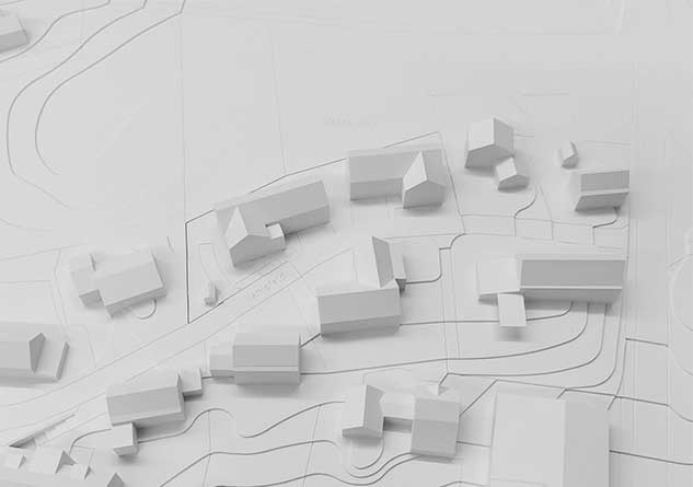 Wohnbau Hamisfeld, Hefenhofen TG Stoffel Schneider Architekten AG Die beiden Baukörper positionieren sich lose auf dem lang gestreckten Grundstück am Siedlungsrand von Hamisfeld.  Sie orientieren sich an der freien Ordnung der Nachbarbauten, nicht aber am Strassenverlauf oder an den Parzellengrenzen und ergänzen das Siedlungsgefüge. Beide Neubauten greifen den Winkel, die Dachform sowie die Volumetrie in Bezug auf die Gebäudetiefe des gegenüber liegenden Bestandsbau auf und führt die Körnung der Siedlungsstruktur weiter. Die Winkel der Neubauten verbindende sich über die Strasse hinweg mit den Aussenräume der Bestandsbauten. Die Kreuzgiebel positionieren sich rhythmisch zueinander und ergeben eine Gliederung der Zwischenräume. Zwischen den Neubauten hindurch bleibt die offene Landschaft erkennbar. Ein Zaun begleitet die Strasse und fasst die Vorgärten mit Blumenbeeten in Anlehnung an die Bauerngärten.  Die Wohnräume öffnen sich über die Eckloggien zur Landschaft. Den Erdgeschosswohnungen wird über wenige Treppenstufen ein angemessener Privatbereich in der Umgebung zugeteilt. Eine Baumreihe aus unterschiedlichen Obstbäumen staffelt den Übergang zur offenen Landschaft.