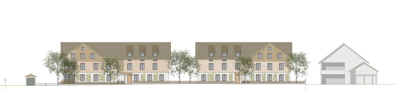 Wohnbau Hamisfeld, Hefenhofen TG Stoffel Schneider Architekten AG Die beiden Baukörper positionieren sich lose auf dem lang gestreckten Grundstück am Siedlungsrand von Hamisfeld.  Sie orientieren sich an der freien Ordnung der Nachbarbauten, nicht aber am Strassenverlauf oder an den Parzellengrenzen und ergänzen das Siedlungsgefüge. Beide Neubauten greifen den Winkel, die Dachform sowie die Volumetrie in Bezug auf die Gebäudetiefe des gegenüber liegenden Bestandsbau auf und führt die Körnung der Siedlungsstruktur weiter. Die Winkel der Neubauten verbindende sich über die Strasse hinweg mit den Aussenräume der Bestandsbauten. Die Kreuzgiebel positionieren sich rhythmisch zueinander und ergeben eine Gliederung der Zwischenräume. Zwischen den Neubauten hindurch bleibt die offene Landschaft erkennbar. Ein Zaun begleitet die Strasse und fasst die Vorgärten mit Blumenbeeten in Anlehnung an die Bauerngärten.  Die Wohnräume öffnen sich über die Eckloggien zur Landschaft. Den Erdgeschosswohnungen wird über wenige Treppenstufen ein angemessener Privatbereich in der Umgebung zugeteilt. Eine Baumreihe aus unterschiedlichen Obstbäumen staffelt den Übergang zur offenen Landschaft.