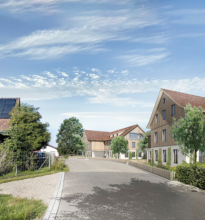 Wohnbau Hamisfeld, Hefenhofen TG Stoffel Schneider Architekten AG Die beiden Baukörper positionieren sich lose auf dem lang gestreckten Grundstück am Siedlungsrand von Hamisfeld.  Sie orientieren sich an der freien Ordnung der Nachbarbauten, nicht aber am Strassenverlauf oder an den Parzellengrenzen und ergänzen das Siedlungsgefüge. Beide Neubauten greifen den Winkel, die Dachform sowie die Volumetrie in Bezug auf die Gebäudetiefe des gegenüber liegenden Bestandsbau auf und führt die Körnung der Siedlungsstruktur weiter. Die Winkel der Neubauten verbindende sich über die Strasse hinweg mit den Aussenräume der Bestandsbauten. Die Kreuzgiebel positionieren sich rhythmisch zueinander und ergeben eine Gliederung der Zwischenräume. Zwischen den Neubauten hindurch bleibt die offene Landschaft erkennbar. Ein Zaun begleitet die Strasse und fasst die Vorgärten mit Blumenbeeten in Anlehnung an die Bauerngärten.  Die Wohnräume öffnen sich über die Eckloggien zur Landschaft. Den Erdgeschosswohnungen wird über wenige Treppenstufen ein angemessener Privatbereich in der Umgebung zugeteilt. Eine Baumreihe aus unterschiedlichen Obstbäumen staffelt den Übergang zur offenen Landschaft.