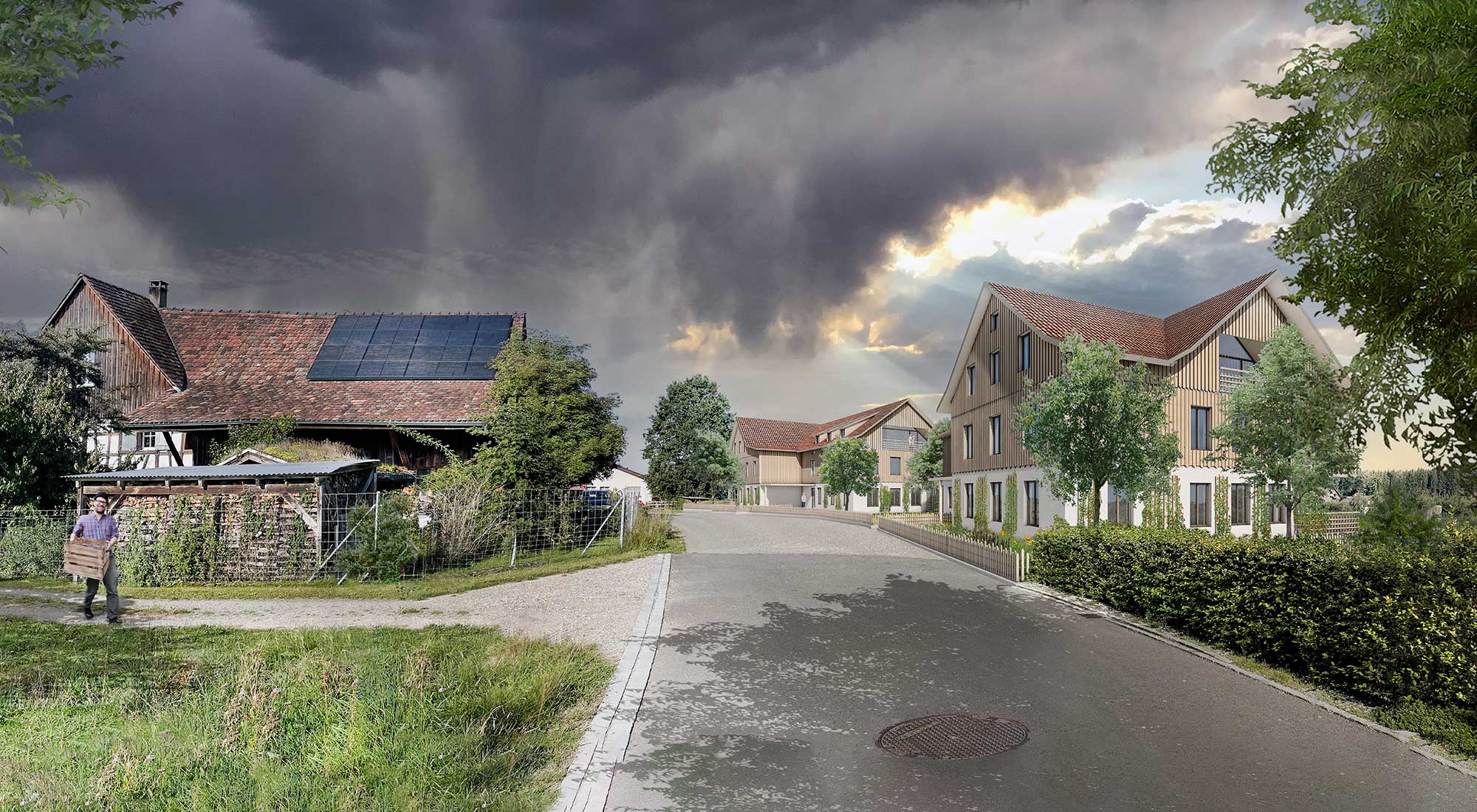 Wohnbau Hamisfeld, Hefenhofen Thurgau, Die beiden Baukörper positionieren sich lose auf dem lang gestreckten Grundstück am Siedlungsrand von Hamisfeld. Sie orientieren sich an der freien Ordnung der Nachbarbauten, nicht aber am Strassenverlauf oder an den Parzellengrenzen und ergänzen das Siedlungsgefüge. Beide Neubauten greifen den Winkel, die Dachform sowie die Volumetrie in Bezug auf die Gebäudetiefe des gegenüber liegenden Bestandsbau auf und führt die Körnung der Siedlungsstruktur weiter. Die Winkel der Neubauten verbindende sich über die Strasse hinweg mit den Aussenräume der Bestandsbauten. Die Kreuzgiebel positionieren sich rhythmisch zueinander und ergeben eine Gliederung der Zwischenräume. Zwischen den Neubauten hindurch bleibt die offene Landschaft erkennbar. Ein Zaun begleitet die Strasse und fasst die Vorgärten mit Blumenbeeten in Anlehnung an die Bauerngärten.  Die Wohnräume öffnen sich über die Eckloggien zur Landschaft. Den Erdgeschosswohnungen wird über wenige Treppenstufen ein angemessener Privatbereich in der Umgebung zugeteilt. Eine Baumreihe aus unterschiedlichen Obstbäumen staffelt den Übergang zur offenen Landschaft.