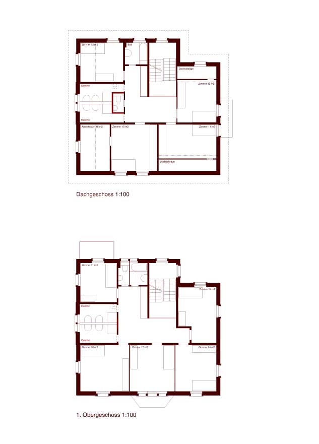 **Wohnheim Im Kanzler, Frauenfeld TG** Die Grundrissstruktur der Wohnungen im Obergeschoss und im Dachgeschoss des Altbaus werden zu Einzelzimmer für die Bewohnerinnen und die Bewohner umgenutzt. Nur ein Zimmer wird aufgeteilt und zu zwei Badezimmer umgebaut. Bei einem allfälligen Verkauf der Liegenschaft könnten die einzelnen Geschosse einfach wieder zu unabhängigen Wohnungen umgenutzt werden.