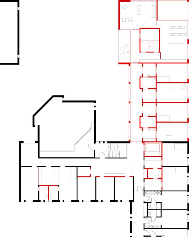 **Bildungsstätte Sommeri, Sommeri Thurgau**   Mit den von zwei Seiten begehbaren Bewohnerbad zwischen zwei Bewohnerzimmer und dem Nebenraumkern im Wohnbereich ist auch das Obergeschoss duch eingestellte Quben gegliedert und rhythmisiert. Der Wohnbereich sind zur einen Seite und Kochen und Essen zur andern Seite der Logga angeordnet. Die Loggia selbst öffnet sich über Eck in die umliegende Landschaft.