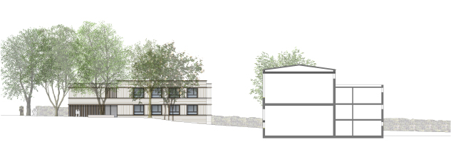 **Kinderhort Tannegg, Kreuzlingen Thurgau** Die Ostfassade wird gänzlich vom üppigen, bis nahe an die Fassade reichende Baubestand verdeckt. Nur der Hauptzugang und die Fenster des Hauptraumes im Erdgeschoss treten unter den grossen Bäumen in Erscheinung. Der Blick Richtung Osten aus dem Obergeschoss führt unmittelbar in das Geäste der Baumkronen und gibt den Blick in die alte, längst bestehende, aber gut versteckte Baumhütte frei.